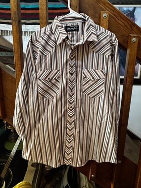Wrangler Striped Long-Sleeve Western Button-Down in Brown and Cream